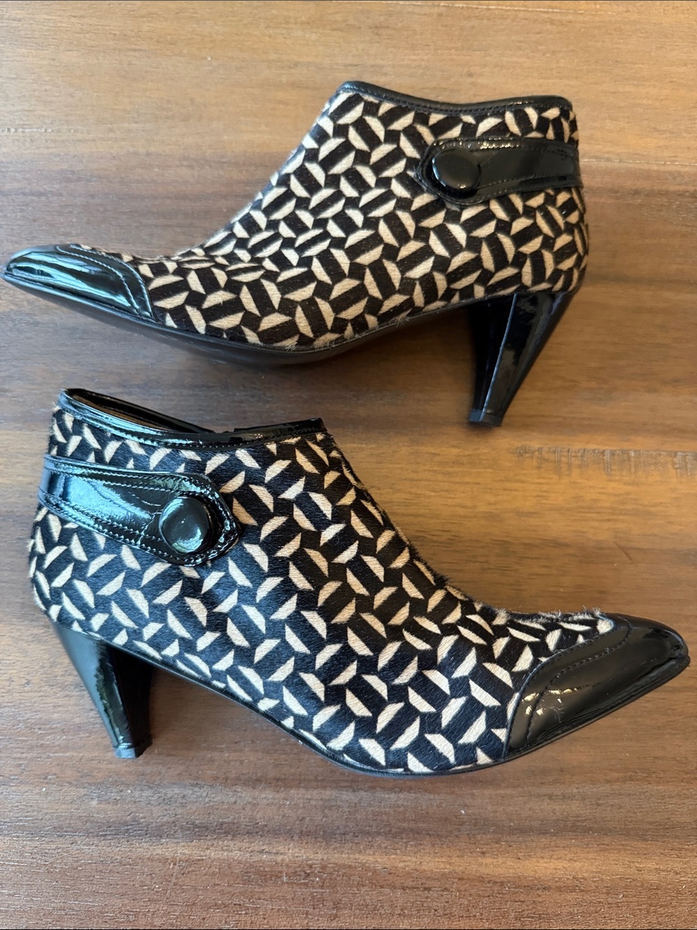Italian Made Geometric Black and Cream Ankle Booties with Patent Trim- 8.5